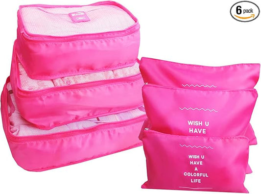 6 Set Packing Cubes Laundry Pouch, Travel Storage Bag Organizer Pouch, Luggage Packing Organizer Bags, Compression Bags for Backpack Suitcases (Hot Pink)