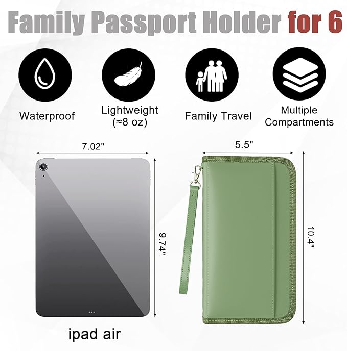 GOAUS Passport Holder with AirTag Slot, PU Leather Travel Document Organizer, Multiple RFID Blocking Wallet for Family of 4 to 6 Green