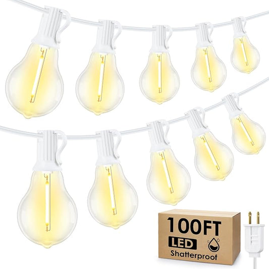 100FT Outdoor String Lights, Patio Light with 32 A39 Bulbs, White | Plug in, Dimmer not included, Waterproof, Shatterproof, Extendable, LED Hanging Lamp for Wedding Engagement Birthday Party