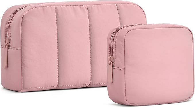 oscaurt 2 Pcs Makeup Bag Travel Toiletry Bag for Women Puffy Padded Cosmetic Pouch Purse Wide-open Makeup Organizer Case Travel Essentials
