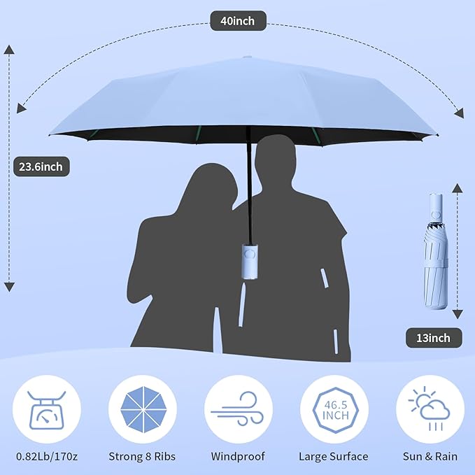 Compact Automatic Folding Travel Umbrella-Windproof Rainproof, PF50+ Sun Protection for Hiking,Outdoor,Chool,Golf Course & Daily Use,Sturdy Multi-Ribbed Frame