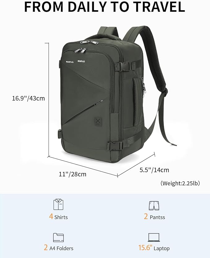 ECOHUB 17" Small Unisex Travel Backpack United Airlines Approved 17x10x9 Friendly Suitcase Anti-Theft Lockable Zippers Style Personal Item Bag Travel Essentials with 12 Pockets Water Resistant, Green