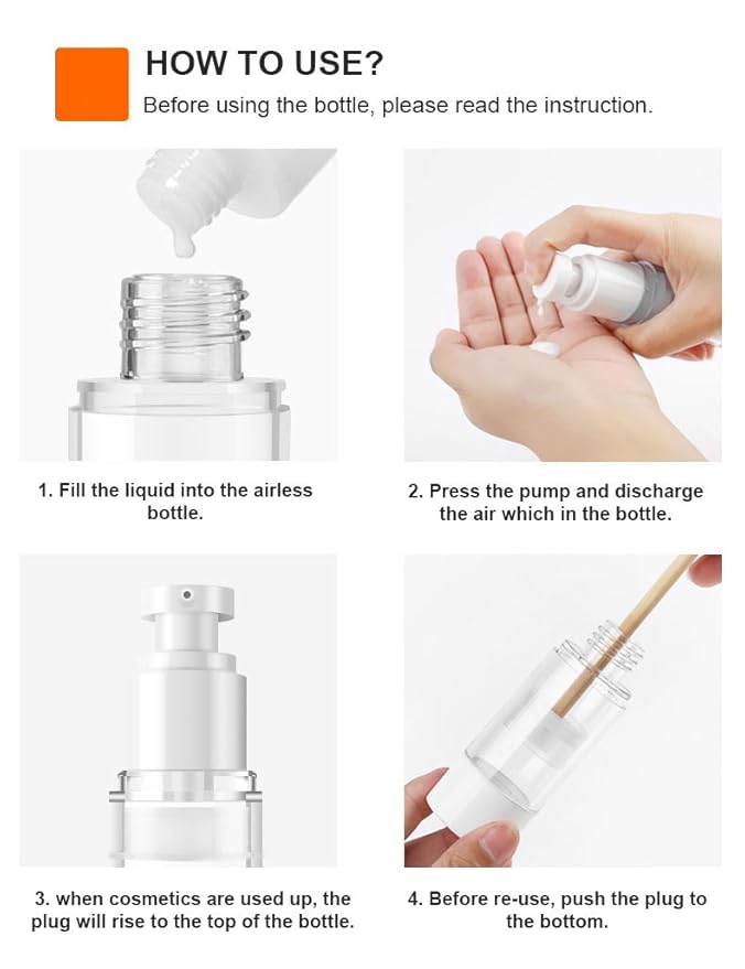 LONGWAY 1.7 Oz 50ml Clear Airless Cosmetic Cream Pump Bottle Travel Size Dispenser Refillable Containers/Foundation Travel Pump Bottle for Shampoo (Pack of 6)