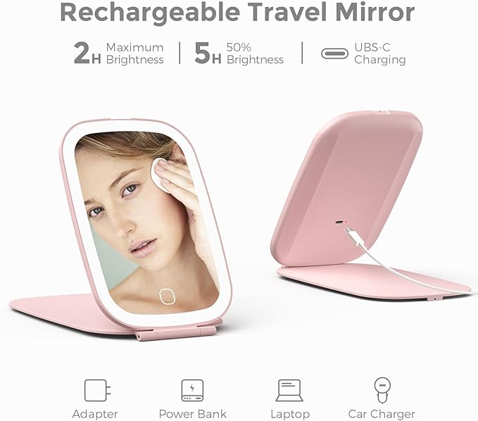 NEZZOE Rechargeable Travel Makeup Mirror with LED Light, 3 Lighting Modes, 7 x 5 Inch Foldable Vanity Mirror for Desk or On The Go, Pink