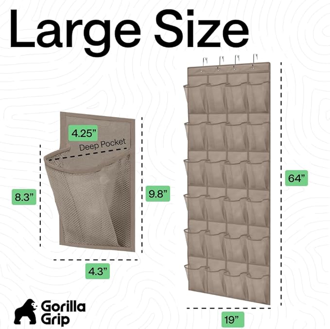 GORILLA GRIP Over the Door Shoe Organizer, 24 Large Breathable Mesh Pockets, Space Saving Hanging Storage Holder, Closet Rack Hanger Holds Up to 40 lbs, Hangs on Closets for Shoes, Accessories, Beige