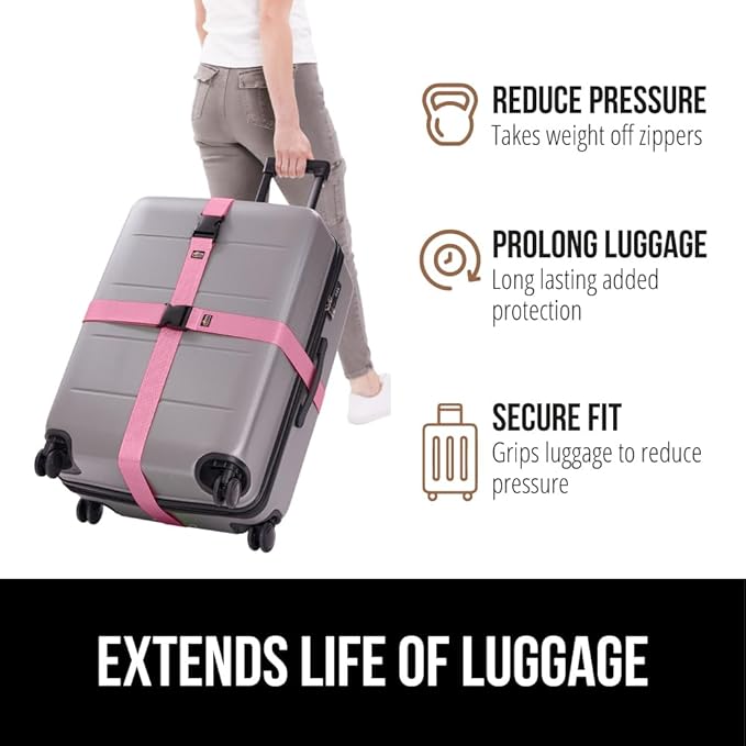 GORILLA GRIP Heavy Duty 4 Pack Adjustable Luggage Straps for Suitcases, Easy to Identify Travel Belt Connector Holds Suitcase Together, Extends Life of Bag, Strap Connects Two Bags, Accessories Pink