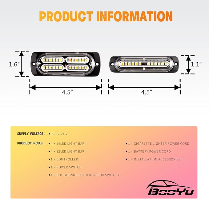 8-pcs Sync Feature LED Emergency Strobe Lights Ultra Slim Grille Surface Mount Flashing Warning Hazard Light Bar w/Controller for Construction, Trucks, Vehicles, Car (R/W)