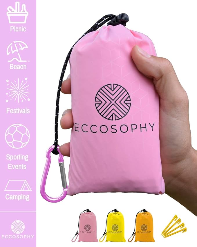 ECCOSOPHY Sand Proof Beach Blanket - Waterproof Picnic Blanket 60x55 Outdoor Compact Pocket Blanket Lightweight Ground Cover for Hiking Camping Festivals Sports Travel with Bag & Stakes (Pink)