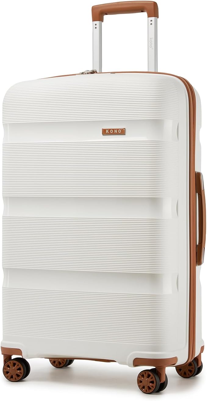 Kono Carry On Luggage 28 Inch Checked-Large Hard Shell Travel Trolley 4 Spinner Wheels Lightweight Polypropylene Suitcase with TSA Lock, Cream White