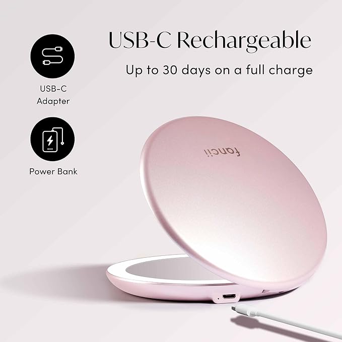 Fancii Taylor LED Lighted Travel Makeup Mirror, Rechargeable with 10x/1x Magnifying & 3 Light Settings - Compact, Portable, Large 5” Wide Hand Mirror for Handbag and Purses (Rose Gold)