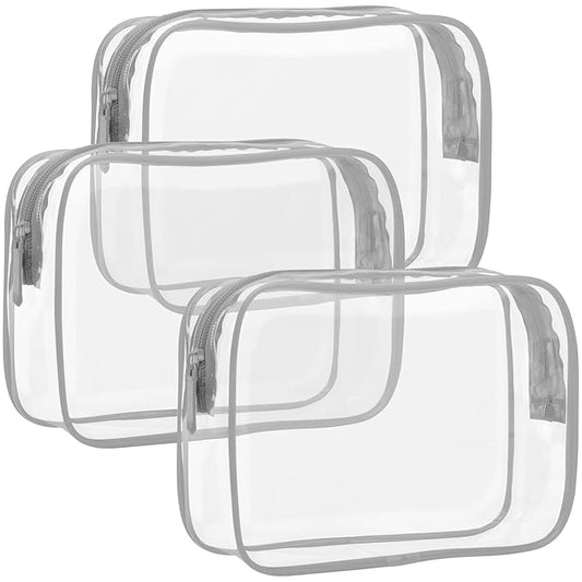 F-color TSA Approved Toiletry Bag 3 Pack Medium - Clear Makeup Bag Travel Quart Size for Women Men, Clear Cosmetic Bag Airport Airline Compliant Carry on Bag, Light Grey