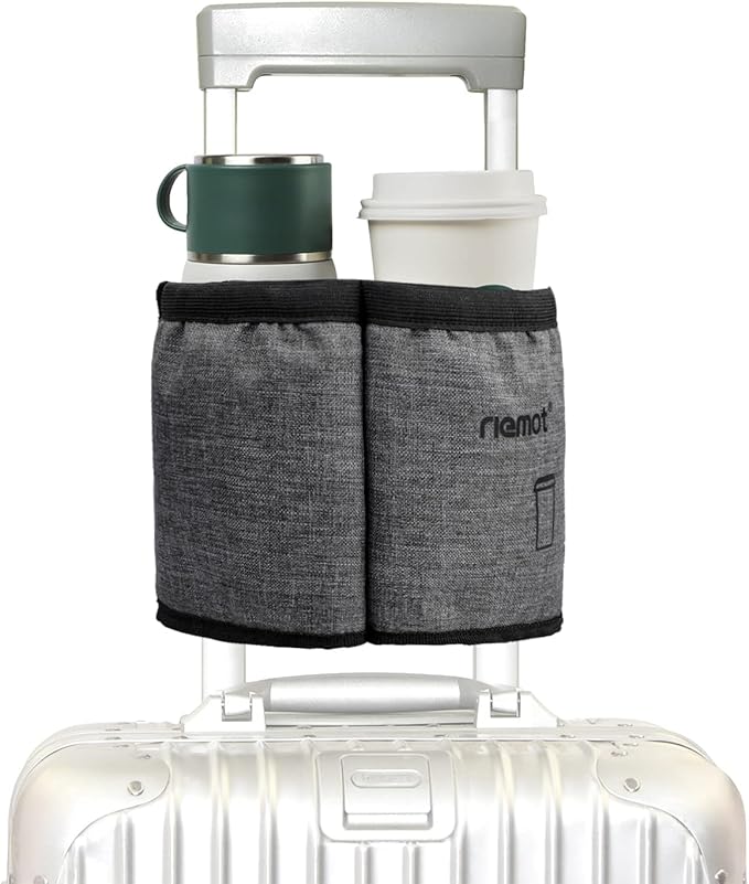 riemot Luggage Travel Cup Holder Free Hand Drink Carrier - Hold Two Coffee Mugs No Spill - Fits Roll on Suitcase Handles - Gifts for Flight Attendants Travelers Accessories Grey
