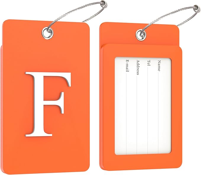 Gostwo 2 Pack Luggage Tags for Suitcases, 26 Initial Letter Travel Luggage Baggage Identification Labels ID Tag Fully Bendable Tags with Stainless Steel Loop (Orange) (Letter F)
