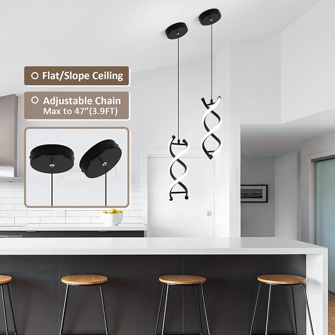 CANEOE Spiral Modern Pendant Light Fixture, 5500K Cold White Black LED Hanging Lamp, Adjustable Height Black Kitchen Island Light Fixture for Dining Room Bedroom Kitchen Sink ((Black, 5500K, 2 Packs)