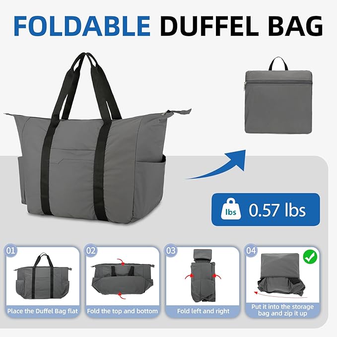 50L Foldable Duffle Bag, Lightweight Travel Duffel Bag with Tear Resistant for Men Women, gray