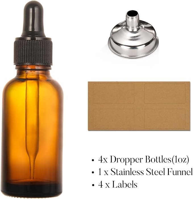4 Pack, 1 oz Thick Dark Amber Glass Dropper Bottles with 1 Funnels & 4 Labels - 30ml Tincture Bottles with Eye Dropper - Leakproof Essential Oils Bottle - Storage and Travel for Beauty or Health