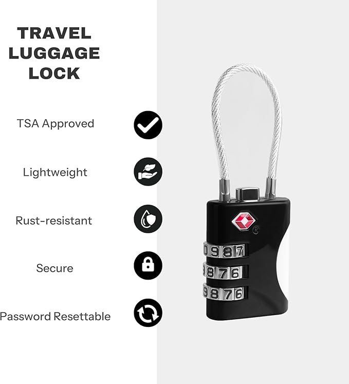 TSA Locks for Luggage, Small Combination Lock with Cable, Luggage Locks TSA Approved, Combo Lock for Suitcase, Cabinet, Gym Locker, Backpack, Small Padlock for Travel Essentials (Black)