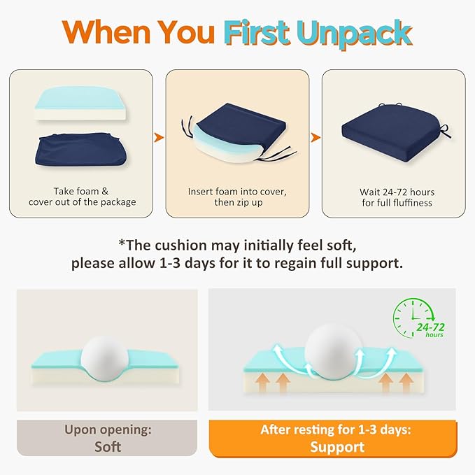 downluxe Chair Cushions for Dining Chairs, Memory Foam Linen Kitchen Chair Pads with Ties, Waterproof, Stain-Resistant and Washable Cover, 17" x 16" x 2.5", Blue, 6 Pack
