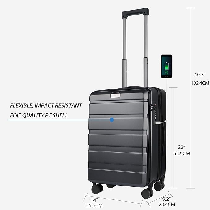 KROSER Carry On Luggage with Spinner Wheels & Built-in TSA Lock, Expandable Top Opening Hard Shell Suitcase Large Capacity Durable Rolling Luggage with USB Port, Carry-On 20-Inch, Steel Grey