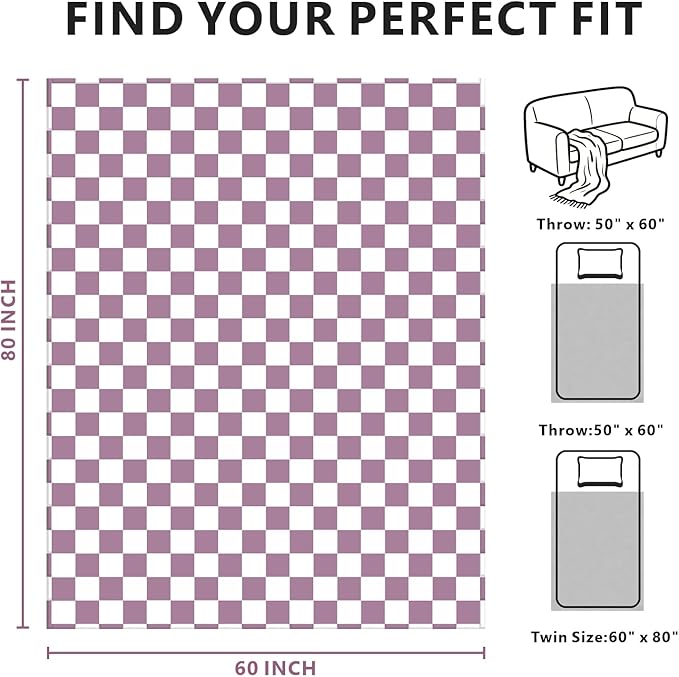 Checkered Blanket Flannel Throw Blankets Soft Cozy Checkered Grid Print Chessboard Gingham Pattern Throws for Bed Sofa Couch for All Seasons, 60x80 Inch, Purple