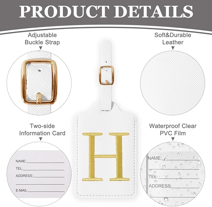 Personalized Initial Luggage Tags for Suitcases,Leather Letter Cute Luggage Tags with Privacy Name Card,Embroidered Monogrammed Travel Bag Backpack Tag Gifts for Women Kids Girls Teens(White-H)