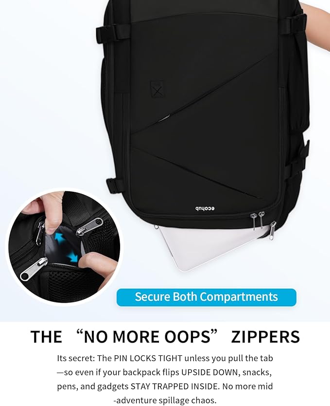 ECOHUB 17" Small Unisex Travel Backpack United Airline Approved 17x10x9 Friendly Suitcase Anti-Theft Lockable Zippers Style Personal Item Bag Travel Essentials with 12 Pockets Water Resistant, Black