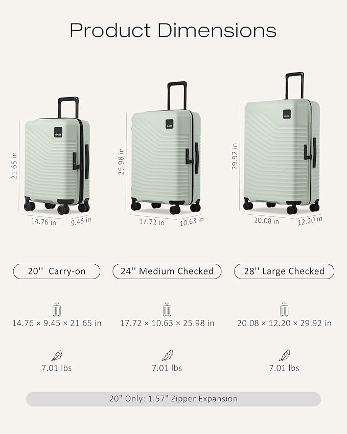 Coolife Luggage Suitcases Hardside Lightweight: Durable PC Expandable Travel 3 Piece Set with Dual Spinner Wheels & TSA Lock, 20/24/28 (20" Expandable) (Light Green, 3-Piece Set (20/24/28))