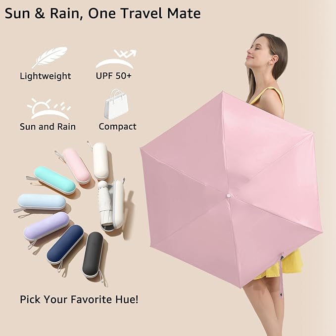 BAODINI Travel Essentials Mini Umbrella for Purse With Case Small Compact UV Sun Protection Lightweight Tiny Pocket Manual Open Close Umbrella for Women Kids and Men Fits Purse Backpack