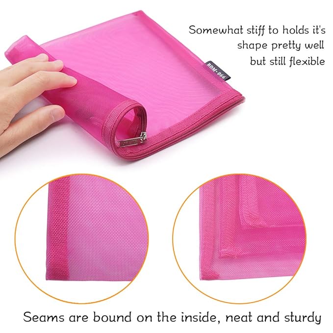 HRX Package Nylon Mesh Makeup Bags with Zipper, 6PCS Cosmetic Pouches Travel Organizer Case Hot Pink for Purse Diaper Bag (A5 x 3pcs, A6 x 3pcs)