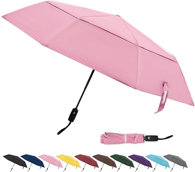 TradMall Travel Umbrella, 42/45 Inches Double Vented Canopy Windproof Automatic Strong Compact Folding Umbrellas for Rain Women and Men