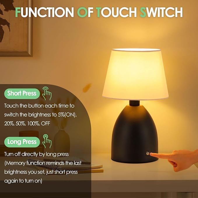 GGOYING Cordless Table Lamp, 5400mAH Battery Operated 4-Way Dimmable 2 Pack | Rechargeable Desk Lamp, 4-Level Brightness Dimming, Touch Control, Bedside Night Light for Bedroom Dining Living Room, Black