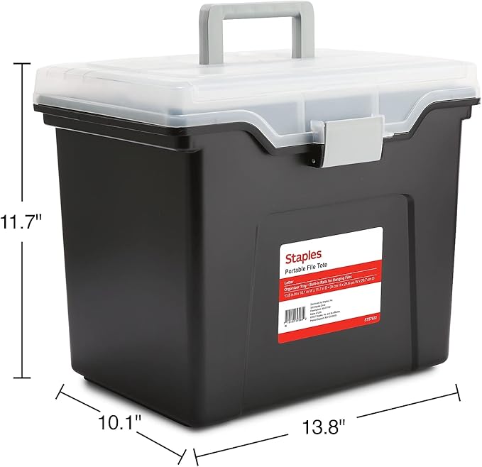 STAPLES File Folder Tote, Portable Filing Box for Letter SIze Hanging Folders, Security Latch & Built-In Lid Organizer, Black/Clear