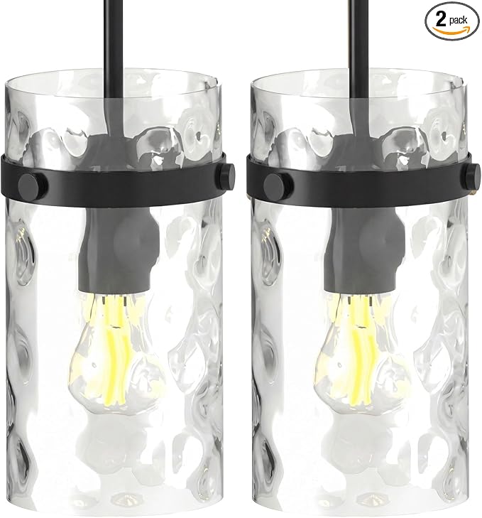 Modern Clear Wavy Glass Pendant Light 2 Pack - Thick Glass Adjustable E26 Hanging Lamp with Elegant Warm Glow for Kitchen Island, Dining Room & Hallway