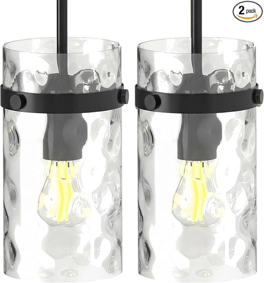 Modern Clear Wavy Glass Pendant Light 2 Pack - Thick Glass Adjustable E26 Hanging Lamp with Elegant Warm Glow for Kitchen Island, Dining Room & Hallway