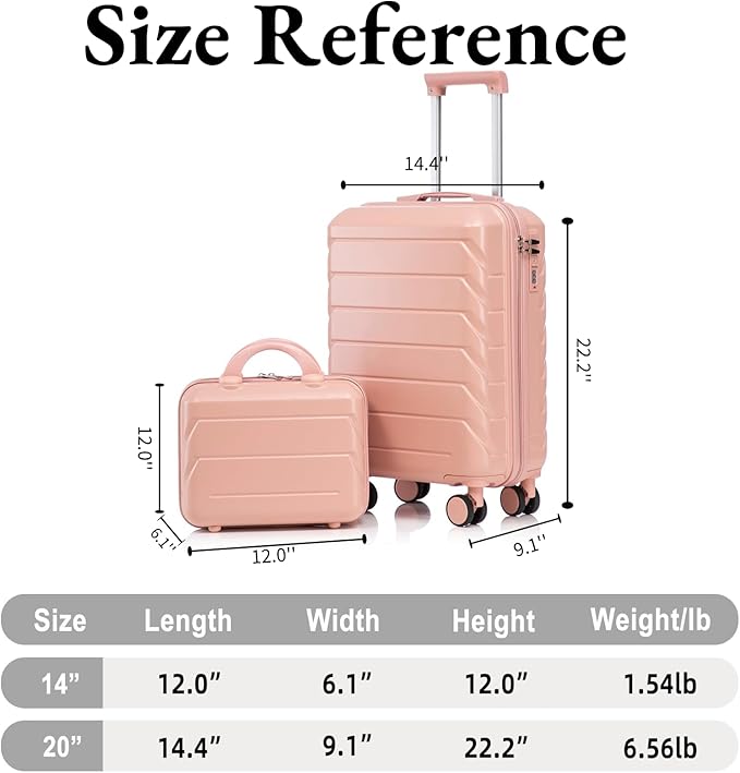 2-Piece ABS Hard Shell Lightweight Carry-On Luggage Set (14" & 20"), 360-Degree Spinner Wheels, Adjustable Telescopic Handle and Combination Lock for Travel, Pink