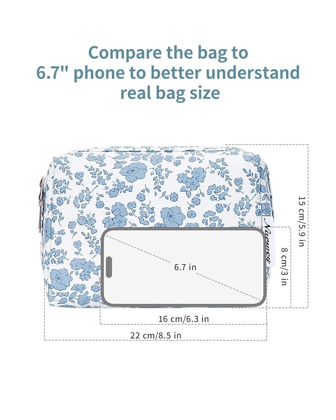 Narwey Cute Floral Makeup Bag Travel Cosmetic Bag Organizer Toiletry Bag Make Up Bags with Organized Pocket for Women Girls (Large,Blue Flower)