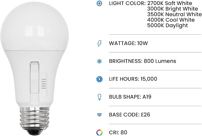 Feit Electric A19 LED Light Bulb, 60W Eq, Non-Dimmable, 5CCT, 800 Lumens