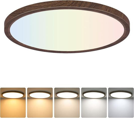 12 Inch LED Flush Mount Ceiling Light Fixture, Dimmable, 3200LM | 24W 5CCT 2700K/3000K/4000K/5000K/6500K, Ultra Thin Low Profile Ceiling Lamp for Farmhouse, Bedroom, Closet Room, Walnut Wood