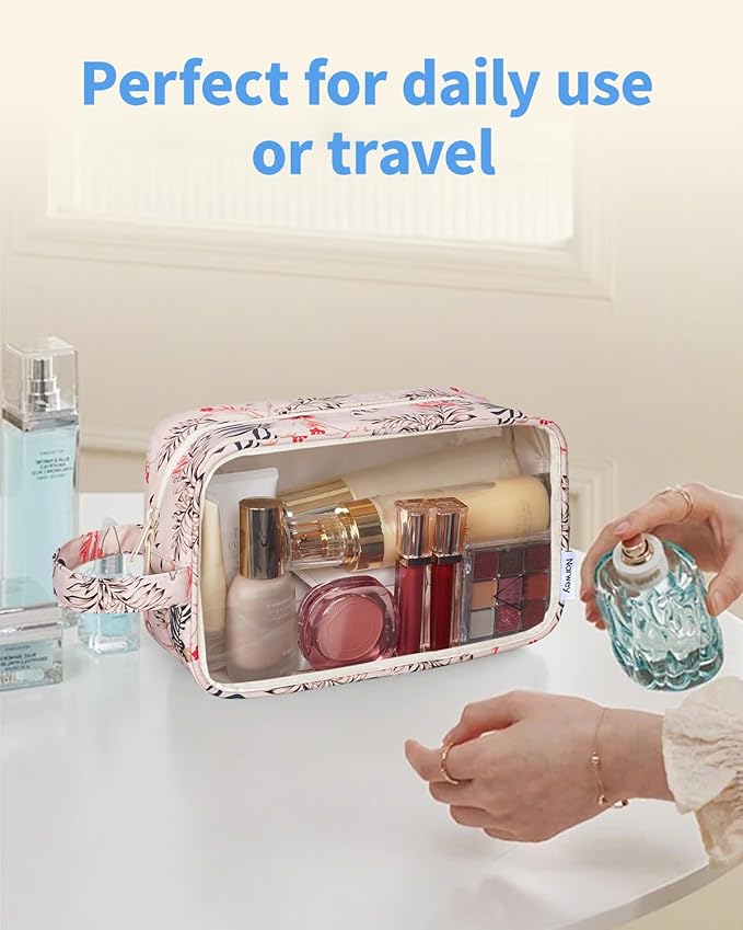 Narwey Clear Toiletry Bags for Traveling Women Men, Clear Travel Bags for Toiletries Makeup Bag Cosmetic Bag with Zipper, Make Up Organizer, Skincare Bag (Beige Flamingo)
