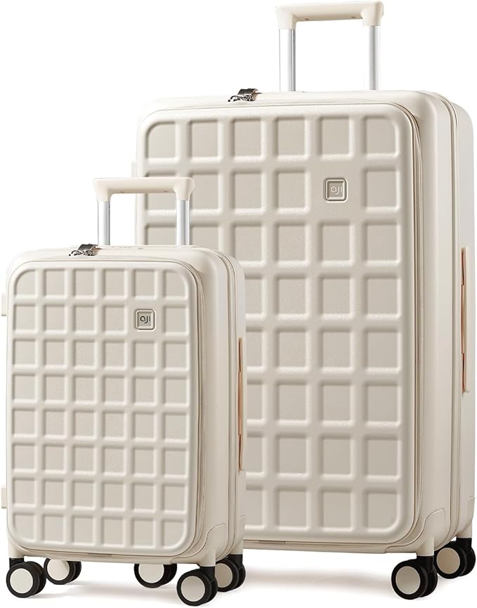 aji Expandable Top Opening Luggage Sets 2 Piece with Spinner Wheel, 20/28 Inch Luggage with TSA Lock, Lightweight PC Hard Shell Travel Luggage Suitcases for Men Women, 2-Piece Set, Coconut White