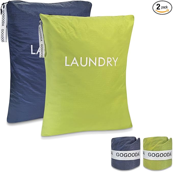 GOGOODA Travel Laundry Bags – Packable & Splash-Resistant Clothes Organizer with Handle | Lightweight, Foldable & Space-Saving for Suitcase, Gym, Beach & Business Trips (Navy Blue & Green)