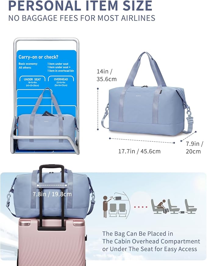 ECOHUB Travel Duffel Bag Water Resistant Weekender Bag Carry On Bags for Women Sport Gym Bags for Men Hospital Bag for Labor and Delivery Overnight Bag Luggage Bag with Trolley Sleeve 30L Grayish Blue