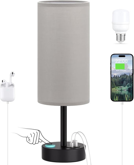 Dicoool Bedside Table Lamp for Bedroom - 3-Way Dimmable Touch Lamp, USB A+C | LED Bulb Included, 14" Small Nightstand Lamp for Desk, Living Room, Guest Room, Grey Fabric Lampshade, Black Metal Base