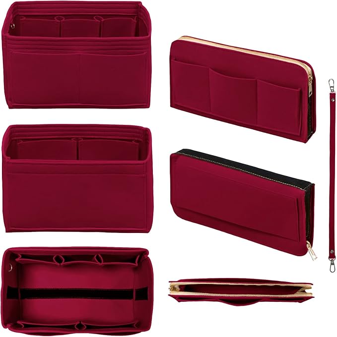 DailyPlus Purse Organizer Insert with Zipper Felt Bag Organizer Handbag Organizer Insert Bag in Bag Organizer with Key Chain for Tote Purse Bag Dark Red Large
