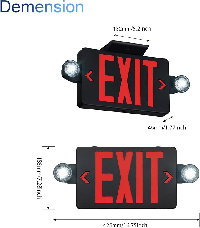 TANLUX Black Exit Sign with Emergency Lights, LED Emergency Exit Light with Battery Backup, UL Listed, AC 120/277V, Commercial Emergency Lights Combo for Business - 2 Pack
