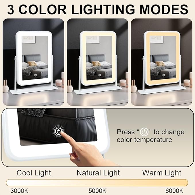 YEKKOPT Rechargeable Small Vanity Mirror with Lights,9"x11"Portable LED Desk Mirror, Make up Mirror with Lighting,Touch Screen with 3-Color Lighting, Dimmable, for Shaving, Tabletop, Bedroom