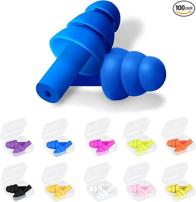 100 Pairs Ear Plugs for Sleeping Noise Cancelling, 10 Colors Reusable Silicone Sound Blocking Earplugs, Waterproof Noise Reduction Ear Plugs for Shooting, Swimming, Concerts, Snoring