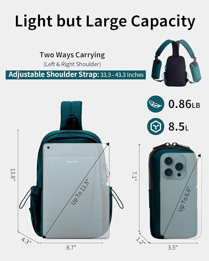 ECOHUB Anti-Theft Crossbody Bag Men Women, RFID Blocking Lightweight Sling Backpack Eco-Friendly with 9 Pockets Sturdy SBS Zippers Water Resistant for Travel Work Hiking Outdoor, Turquoise