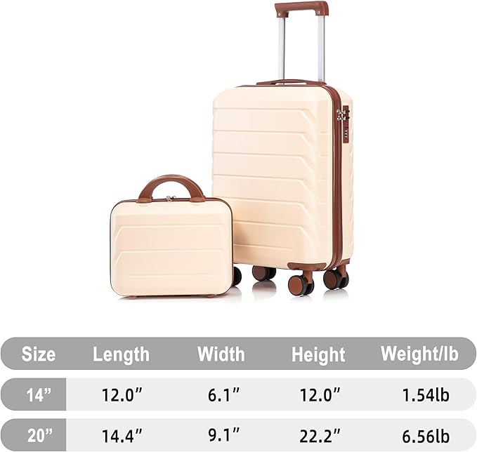 Hardside Luggage, Lightweight Durable ABS Suitcase Spinner Wheels, 20+14 Luggage