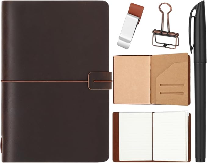 Thenshop Travelers Refillable Leather Journal Notebook Travel Diary Handmade Passport Travelers Journal for Men and Women with 3 Notebook Inserts, Pen Holder, Binder Clip(Coffee Color,A5 Size)
